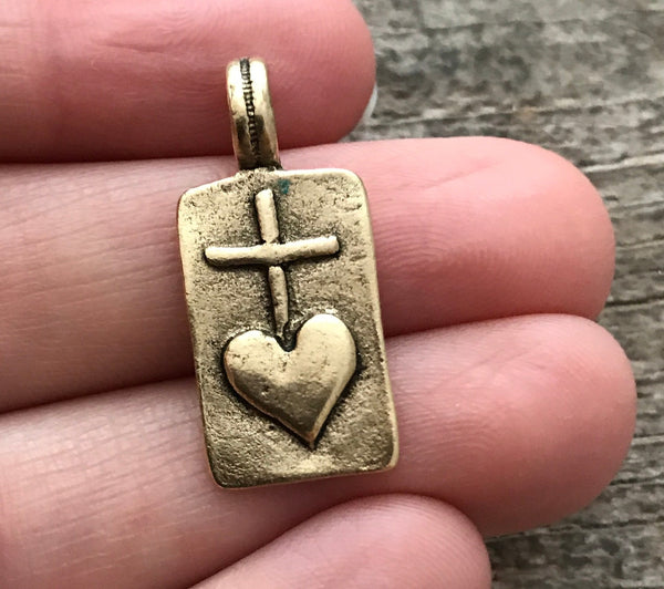 Load image into Gallery viewer, 2 Heart Cross Rectangle Charm, Antiqued Gold, Heart Cross, Talisman, NEW GL-6010
