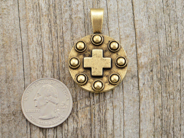 Load image into Gallery viewer, Cross Pendant, Circle Pendant, Gold Cross, Religious Cross, Men&#39;s Jewelry, Leather Pendant, Antiqued Gold Pendant, Dotted Cross, GL-6012
