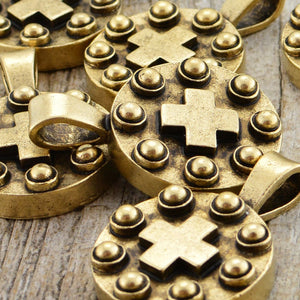Cross Pendant, Circle Pendant, Gold Cross, Religious Cross, Men's Jewelry, Leather Pendant, Antiqued Gold Pendant, Dotted Cross, GL-6012