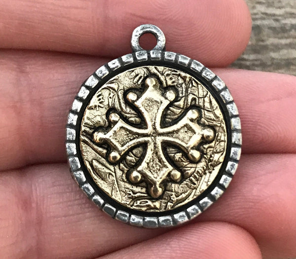Load image into Gallery viewer, Two Tone Cross Coin Medal, Antiqued Gold and Silver Religious Charm Pendant, Jewelry Making, GL-6068
