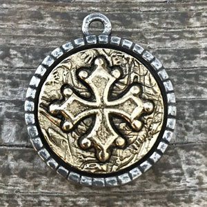 Two Tone Cross Coin Medal, Antiqued Gold and Silver Religious Charm Pendant, Jewelry Making, GL-6068
