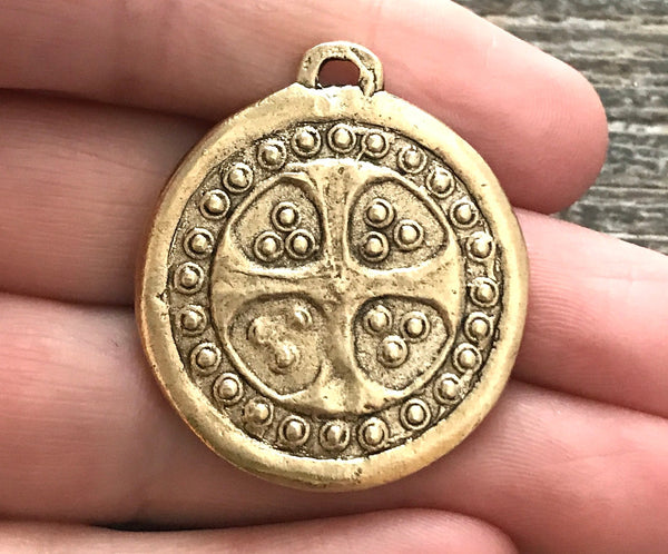 Load image into Gallery viewer, Bumpy Dotted Ancient Cross Token, Antiqued Gold, Artisan Pendant Charm, GL-6072
