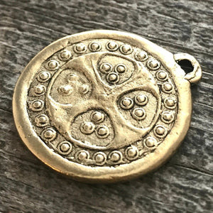Bumpy Dotted Ancient Cross Token, Antiqued Gold, Artisan Pendant Charm, GL-6072
