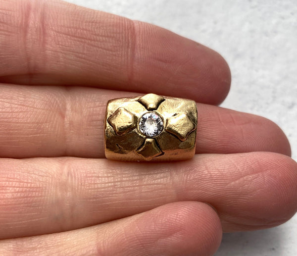 Load image into Gallery viewer, Large Artisan Barrel Bead with Swarovski Crystal Rhinsetone, Antiqued Gold Cross Flower Slider Jewelry Components, Supplies, GL-6116
