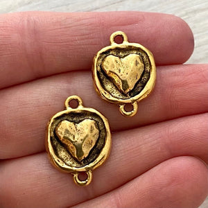 2 Puffy Heart Gold Connector, Artisan Jewelry Making Supplies, GL-6157