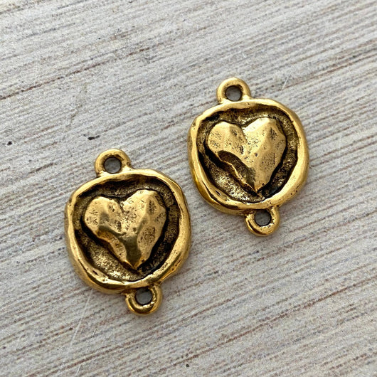 2 Puffy Heart Gold Connector, Artisan Jewelry Making Supplies, GL-6157