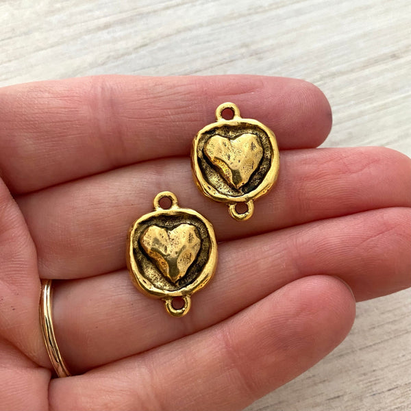 Load image into Gallery viewer, 2 Puffy Heart Gold Connector, Artisan Jewelry Making Supplies, GL-6157

