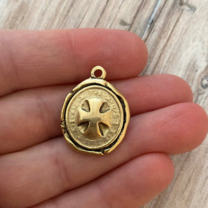 Saint St. Benedict Medal, Wax Seal Charm, Benedictan Cross, Antiqued Catholic Religious Pendant, Jewelry Supplies, GL-6189