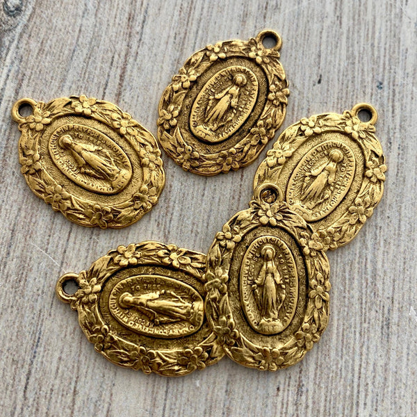 Load image into Gallery viewer, Floral Mary Medal, Antiqued Gold Religious Jewelry Making Charm Pendant, Catholic Jewelry, GL-6203
