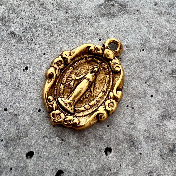 Load image into Gallery viewer, Floral Oval Miraculous Mary Medal, Antiqued Gold Religious Jewelry Making Charm Pendant, Catholic Jewelry, GL-6221
