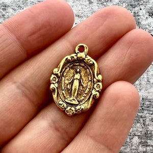 Floral Oval Miraculous Mary Medal, Antiqued Gold Religious Jewelry Making Charm Pendant, Catholic Jewelry, GL-6221