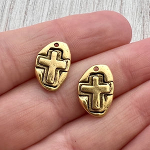 2 Hammered Small Cross Charm, Antiqued Gold Artisan Cross, Religious, Spiritual Jewelry Making, GL-6226