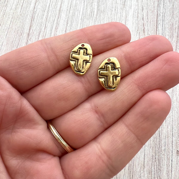 Load image into Gallery viewer, 2 Hammered Small Cross Charm, Antiqued Gold Artisan Cross, Religious, Spiritual Jewelry Making, GL-6226
