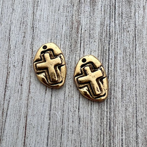 2 Hammered Small Cross Charm, Antiqued Gold Artisan Cross, Religious, Spiritual Jewelry Making, GL-6226