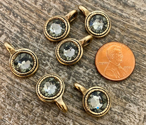 Large Swarovski Crystal Black Diamond Charm, Antiqued Gold Pendant, Jewelry Making Artisan Findings, GL-S009
