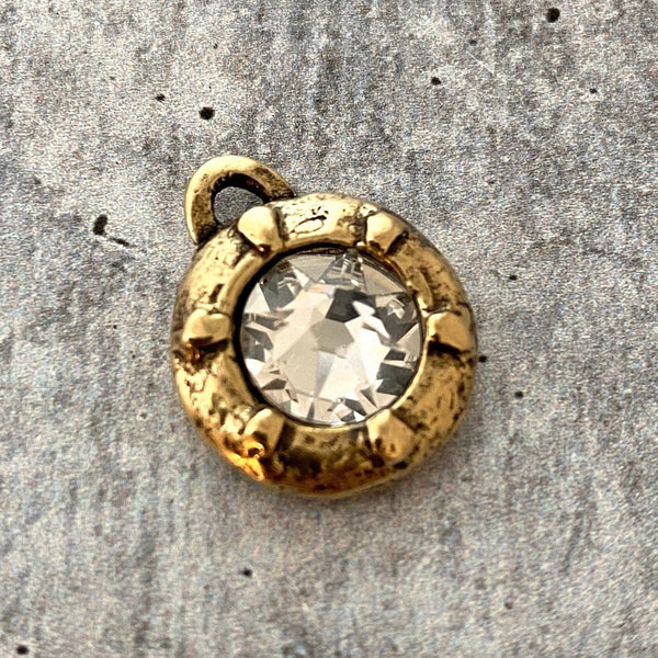 Load image into Gallery viewer, Swarovski Large Crystal Clear Charm, Georgian Style Antiqued Gold Pendant, Jewelry Making Artisan Findings, GL-S012

