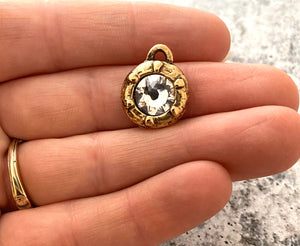 Swarovski Large Crystal Clear Charm, Georgian Style Antiqued Gold Pendant, Jewelry Making Artisan Findings, GL-S012