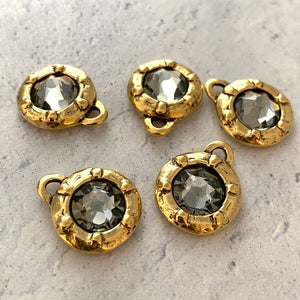 Swarovski Large Black Diamond Crystal Charm, Georgian Style Antiqued Gold Pendant, Jewelry Making Artisan Findings, GL-S017