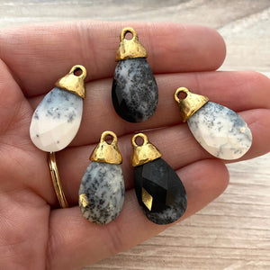 Dendritic Opal Faceted Pear Briolette Drop Pendant with Gold Pewter Bead Cap, Jewelry Making Artisan Findings, GL-S020
