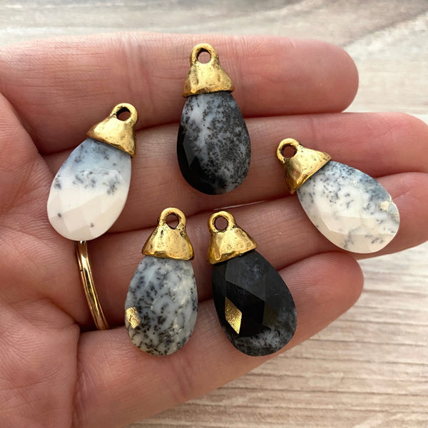 Load image into Gallery viewer, Dendritic Opal Faceted Pear Briolette Drop Pendant with Gold Pewter Bead Cap, Jewelry Making Artisan Findings, GL-S020
