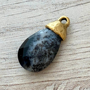 Dendritic Opal Faceted Pear Briolette Drop Pendant with Gold Pewter Bead Cap, Jewelry Making Artisan Findings, GL-S020