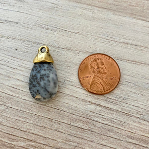 Dendritic Opal Faceted Pear Briolette Drop Pendant with Gold Pewter Bead Cap, Jewelry Making Artisan Findings, GL-S020