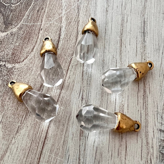 Small Chandelier Crystal Prism Drop Charm, Rounded Clear with Gold Pewter Bead Cap, Jewelry Making Artisan Findings, GL-S028