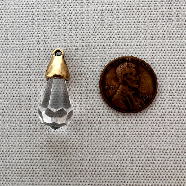 Load image into Gallery viewer, Small Chandelier Crystal Prism Drop Charm, Rounded Clear with Gold Pewter Bead Cap, Jewelry Making Artisan Findings, GL-S028

