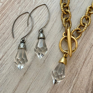 Small Chandelier Crystal Prism Drop Charm, Rounded Clear with Gold Pewter Bead Cap, Jewelry Making Artisan Findings, GL-S028