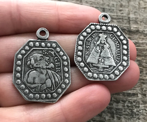 Load image into Gallery viewer, Virgin Mary Medal, Our Lady of Guadalupe, St. Jerome Catholic Medal, Religious Antiqued Silver Spanish Charm Jewelry Supplies, PW-1117
