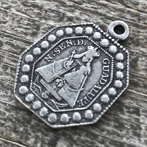 Virgin Mary Medal, Our Lady of Guadalupe, St. Jerome Catholic Medal, Religious Antiqued Silver Spanish Charm Jewelry Supplies, PW-1117