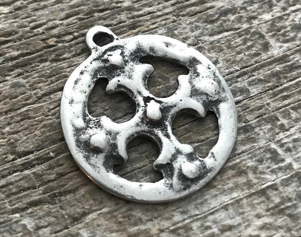 Load image into Gallery viewer, Ancient Circle Cross Charm, Cross Coin Token, Silver Religious Cross, Antiqued Silver Charm, Christian Jewelry Making Supplies, PW-6055
