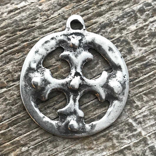 Ancient Circle Cross Charm, Cross Coin Token, Silver Religious Cross, Antiqued Silver Charm, Christian Jewelry Making Supplies, PW-6055