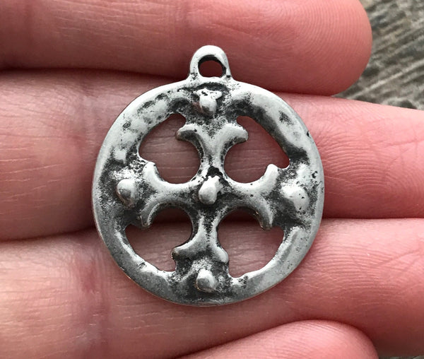 Load image into Gallery viewer, Ancient Circle Cross Charm, Cross Coin Token, Silver Religious Cross, Antiqued Silver Charm, Christian Jewelry Making Supplies, PW-6055
