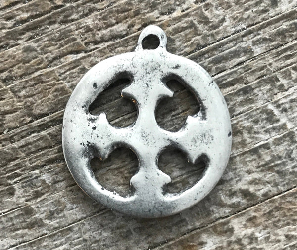 Load image into Gallery viewer, Ancient Circle Cross Charm, Cross Coin Token, Silver Religious Cross, Antiqued Silver Charm, Christian Jewelry Making Supplies, PW-6055
