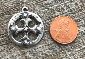 Ancient Circle Cross Charm, Cross Coin Token, Silver Religious Cross, Antiqued Silver Charm, Christian Jewelry Making Supplies, PW-6055