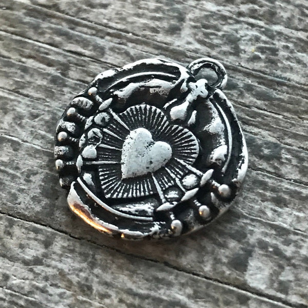 Load image into Gallery viewer, Wax Seal Medal, Catholic Religious Immaculate Heart of Seven 7 Sorrows, Sacred, Oxidized Antiqued Silver Charm, Religious Jewelry, PW-6062
