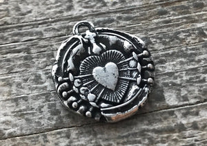 Wax Seal Medal, Catholic Religious Immaculate Heart of Seven 7 Sorrows, Sacred, Oxidized Antiqued Silver Charm, Religious Jewelry, PW-6062