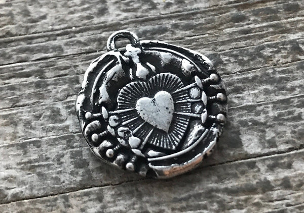 Load image into Gallery viewer, Wax Seal Medal, Catholic Religious Immaculate Heart of Seven 7 Sorrows, Sacred, Oxidized Antiqued Silver Charm, Religious Jewelry, PW-6062
