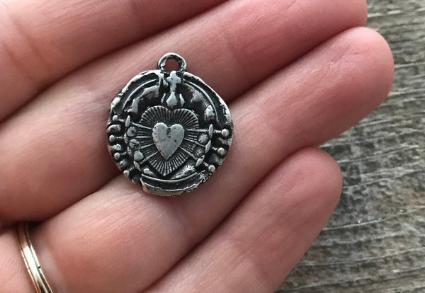 Load image into Gallery viewer, Wax Seal Medal, Catholic Religious Immaculate Heart of Seven 7 Sorrows, Sacred, Oxidized Antiqued Silver Charm, Religious Jewelry, PW-6062
