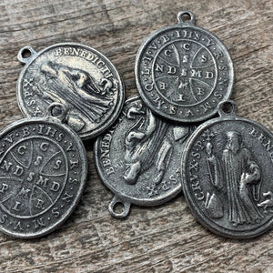 Saint St. Benedict Medal, Benedictan Cross, Antiqued Silver Catholic Medal, Religious Pendant Charm Jewelry Supplies, PW-6078