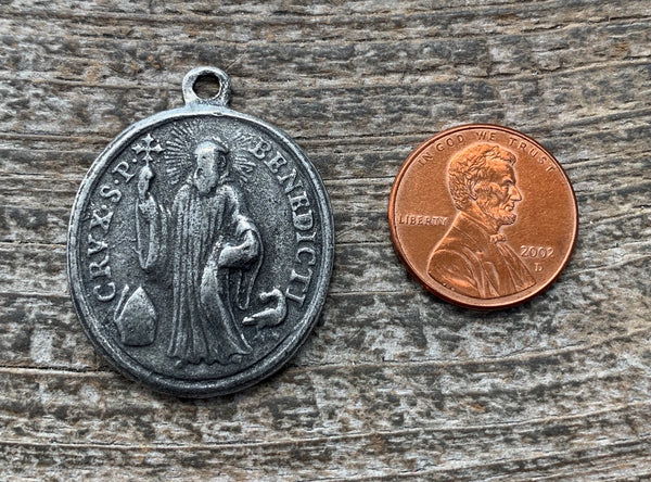Load image into Gallery viewer, Saint St. Benedict Medal, Benedictan Cross, Antiqued Silver Catholic Medal, Religious Pendant Charm Jewelry Supplies, PW-6078
