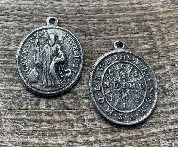 Load image into Gallery viewer, Saint St. Benedict Medal, Benedictan Cross, Antiqued Silver Catholic Medal, Religious Pendant Charm Jewelry Supplies, PW-6078
