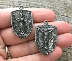 Virgin Mary Medal, Cross Pendant, Crucifix Shield, Antiqued Oxidized Silver Rosary Parts, Catholic Religious Jewelry Supply, PW-6079