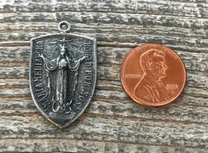 Virgin Mary Medal, Cross Pendant, Crucifix Shield, Antiqued Oxidized Silver Rosary Parts, Catholic Religious Jewelry Supply, PW-6079