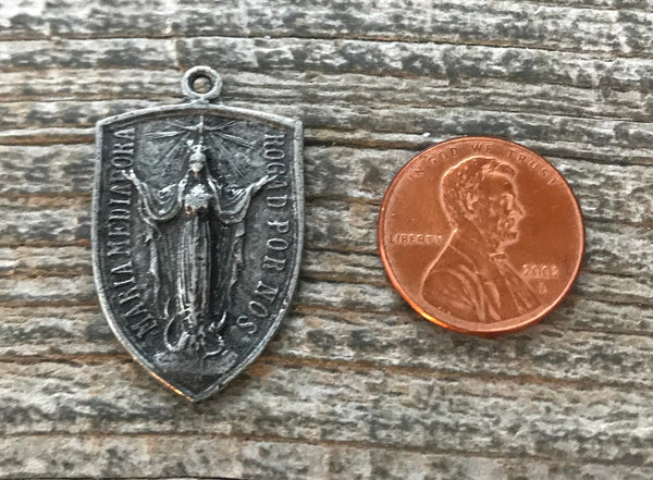 Load image into Gallery viewer, Virgin Mary Medal, Cross Pendant, Crucifix Shield, Antiqued Oxidized Silver Rosary Parts, Catholic Religious Jewelry Supply, PW-6079
