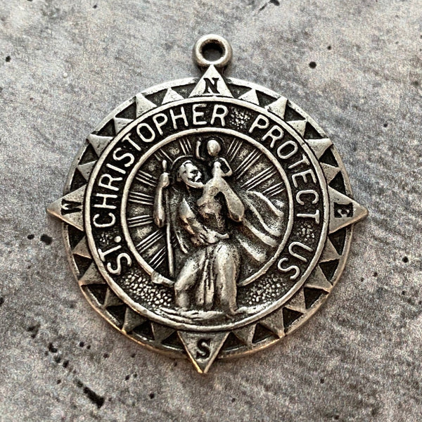 Load image into Gallery viewer, St. Christopher, Catholic Medal, Silver Pendant, Medallion, Religious Charm, Compass, Saint, Religious, Protect Us, Rosary Key Chain PW-6118

