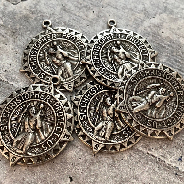 Load image into Gallery viewer, St. Christopher, Catholic Medal, Silver Pendant, Medallion, Religious Charm, Compass, Saint, Religious, Protect Us, Rosary Key Chain PW-6118
