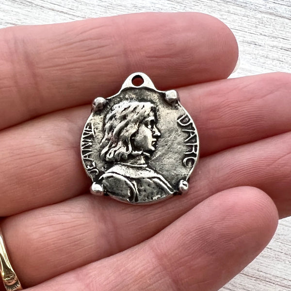 Load image into Gallery viewer, Small Joan of Arc Medal with Frame, Antiqued Silver Charm Pendant, Catholic Jewelry Supplies, PW-6224
