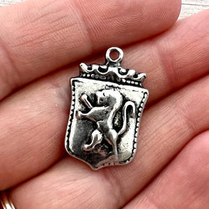 Lion Shield, Heraldry, Strength Talisman, Antiqued Silver Charm, Jewelry Making, PW-6230